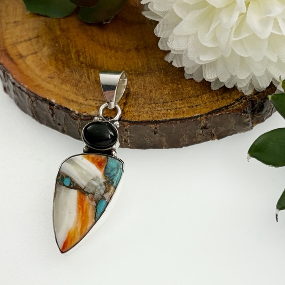 Solid Sterling Silver 925 Jewelry Set Oyster Turquoise Onyx Pendant Bracelet New - Picture 4 of 10